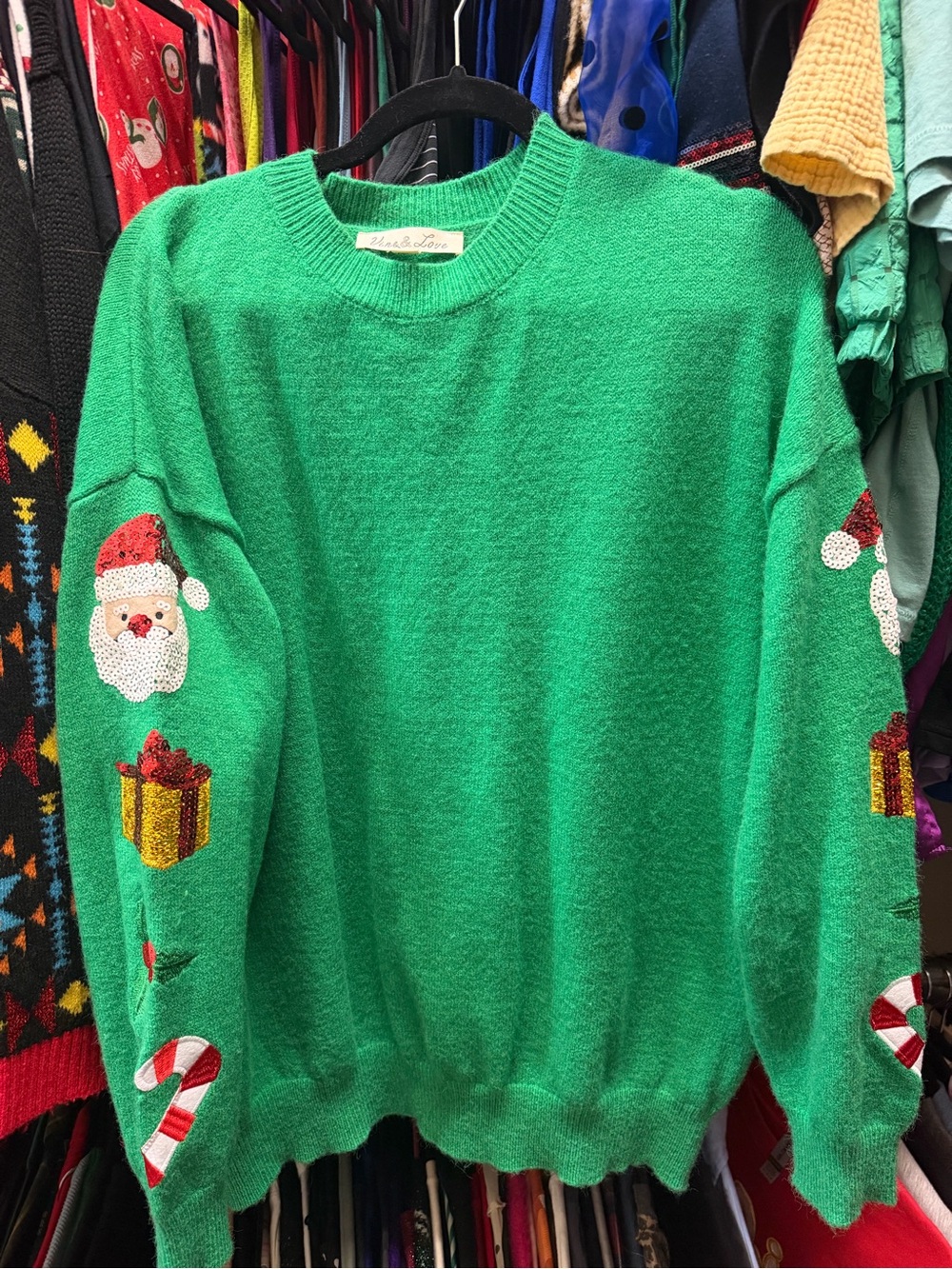 Vine & Love Bright Green Holiday Crewneck Sweater with Festive Sleeve Motifs